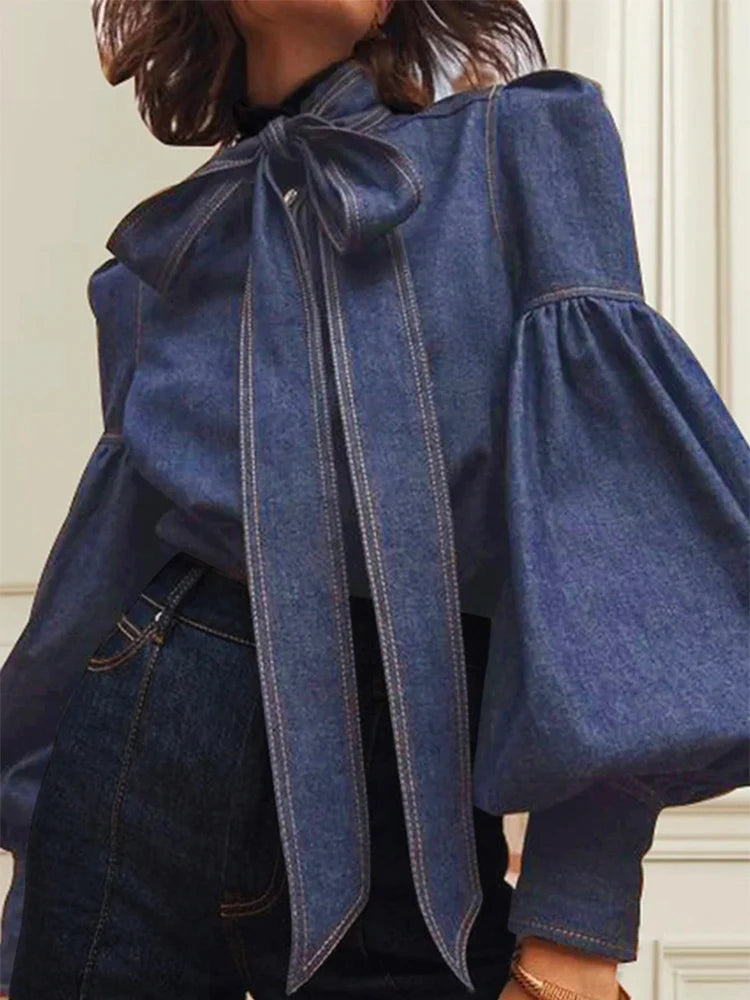 Vireous Women's Princess Sleeves High-Neck Bow Tie Denim-Look Blouse