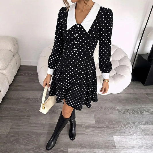 Elegant Polka Dot Cockail Dress, Long Sleeves in Black