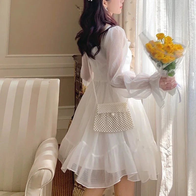 French Sweet Summer Princess Dress, White Chiffon Special Occasion Dress