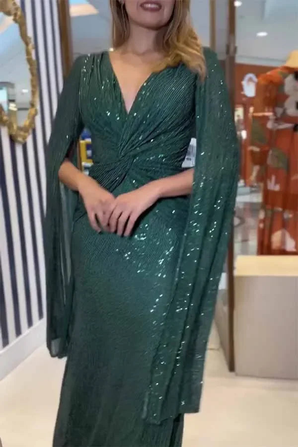 Elegant Sequin Evening Dress, V-Neck Cloak Sleeves