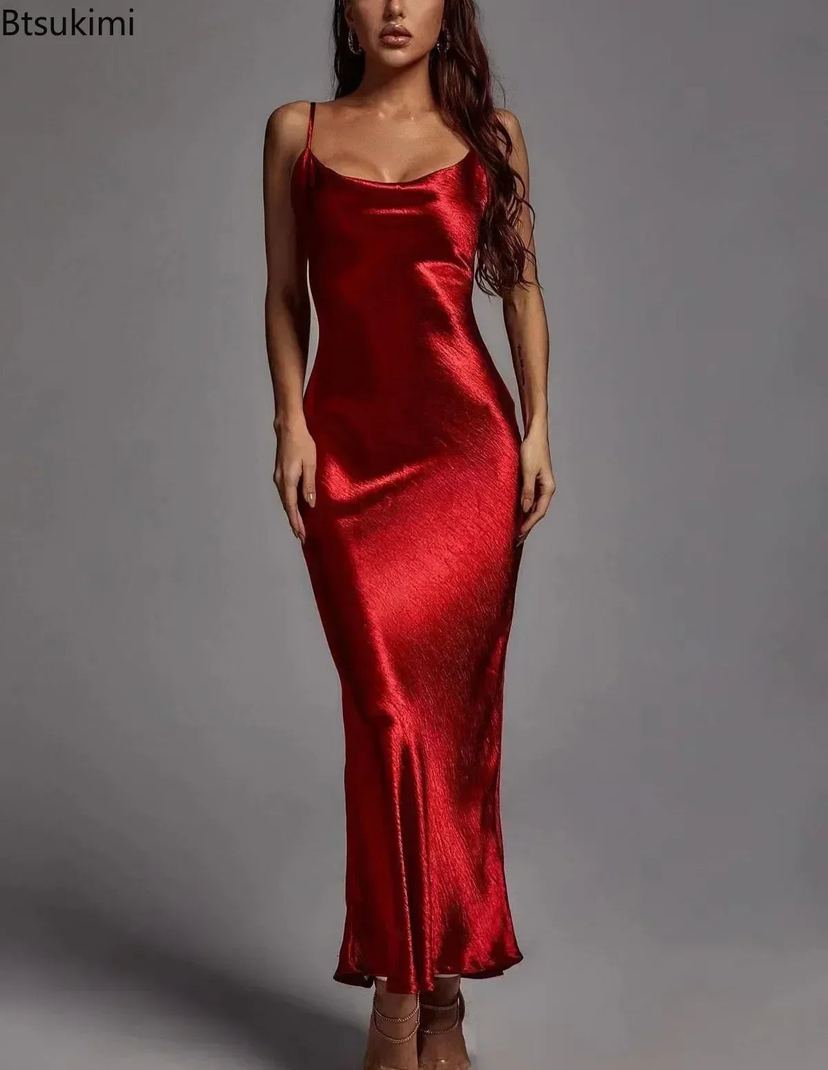 Metallic Gold Maxi Dress, Elegant Satin Backless Women's Gown