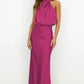 Vireous Summer Silk Satin Sleeveless Long Dress, Draped Bodice