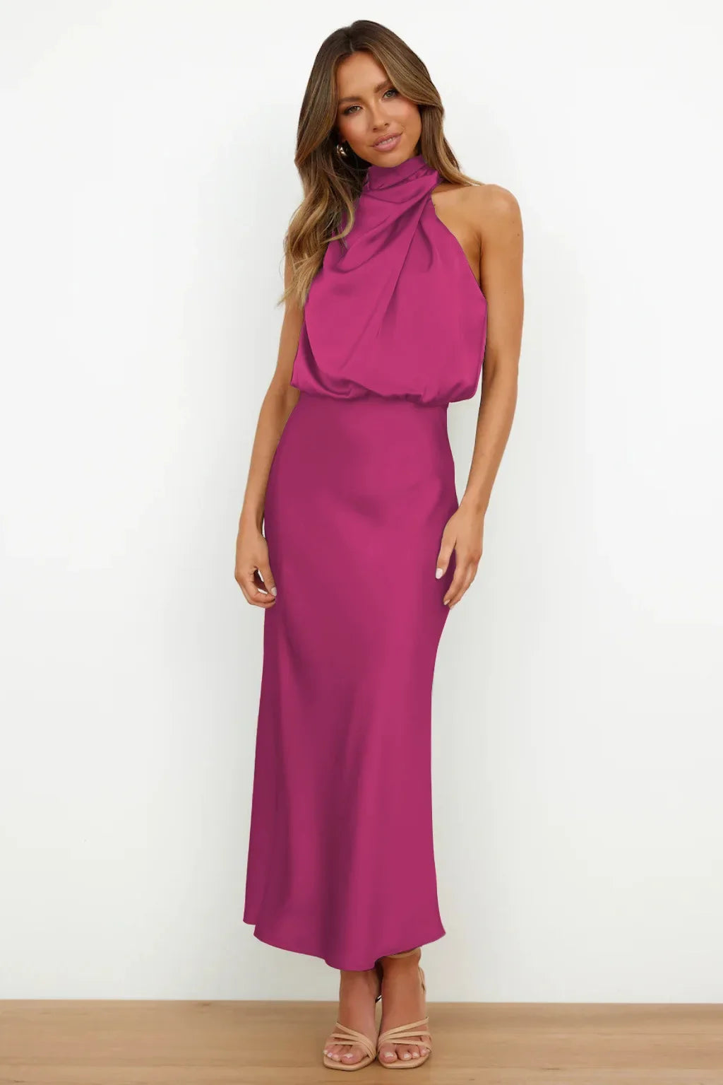 Vireous Summer Silk Satin Sleeveless Long Dress, Draped Bodice