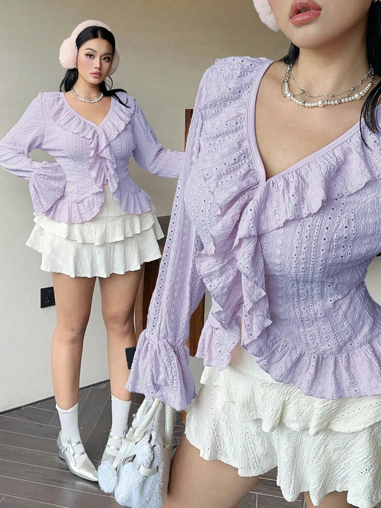 Vireous Elegant French Ruffle Flared-Sleeve Blouse, Plus Sizes