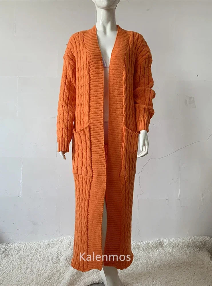 Vireous Very Long Cardigan, Women's Cable Knit Jacket, Multicolours