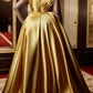 Plus-Size Formal Evening Gold Satin Dress, Elegant Tiered Bodice