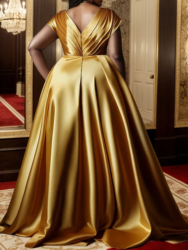 Plus-Size Formal Evening Gold Satin Dress, Elegant Tiered Bodice