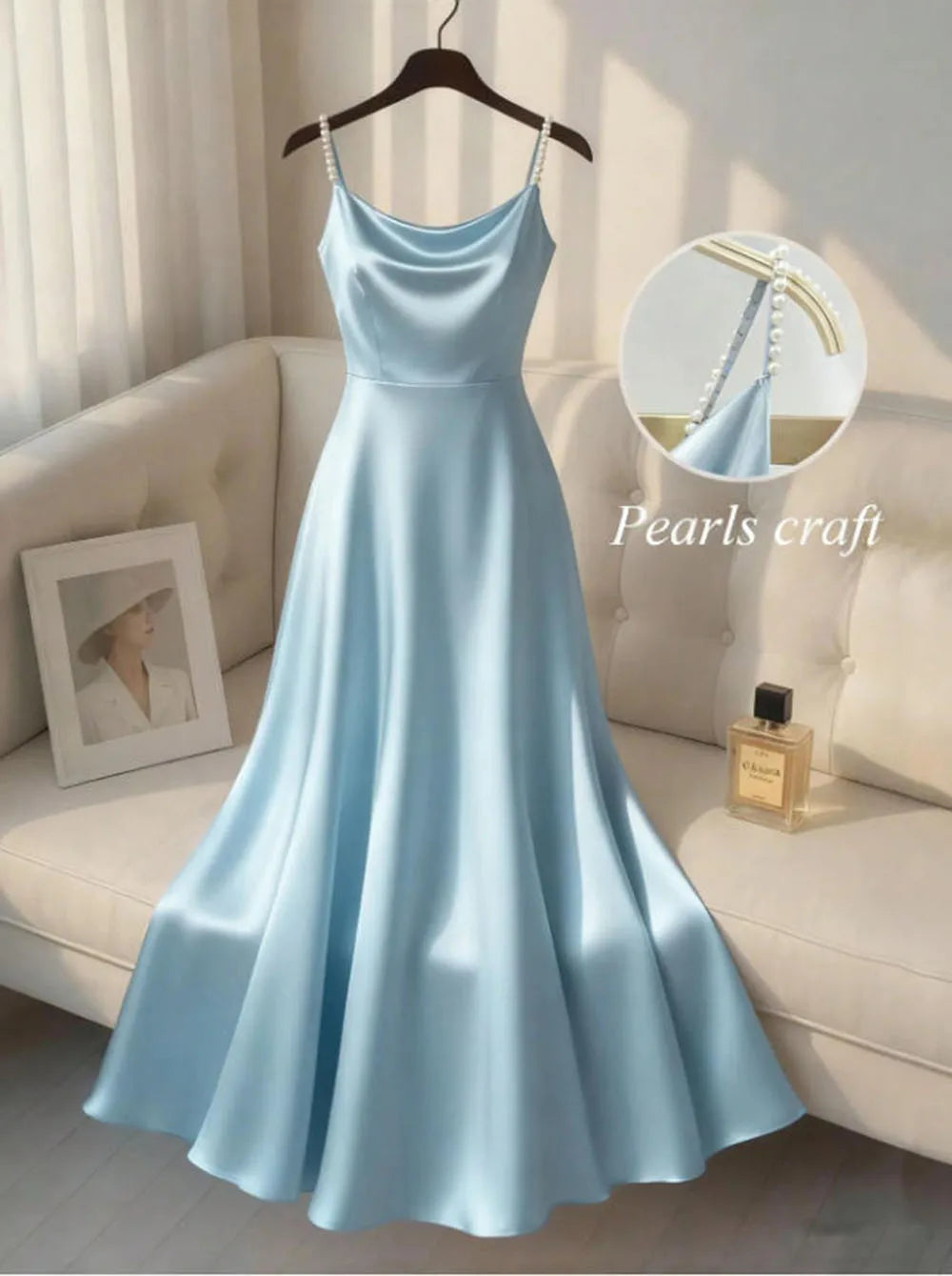 Vireous Pearl-Beaded Strap Satin Slip Retro Dress, Elegant Summer Evening Dress