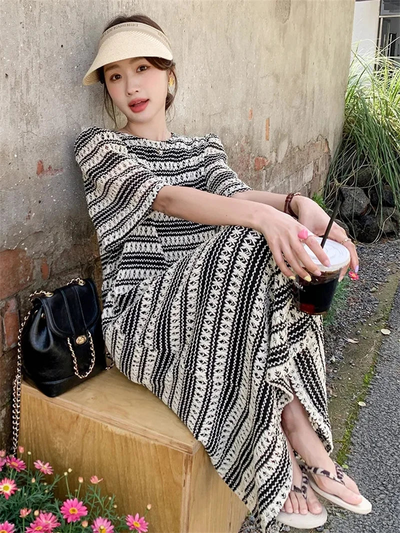 Vireous French-Style Striped Knitted Loose Dress