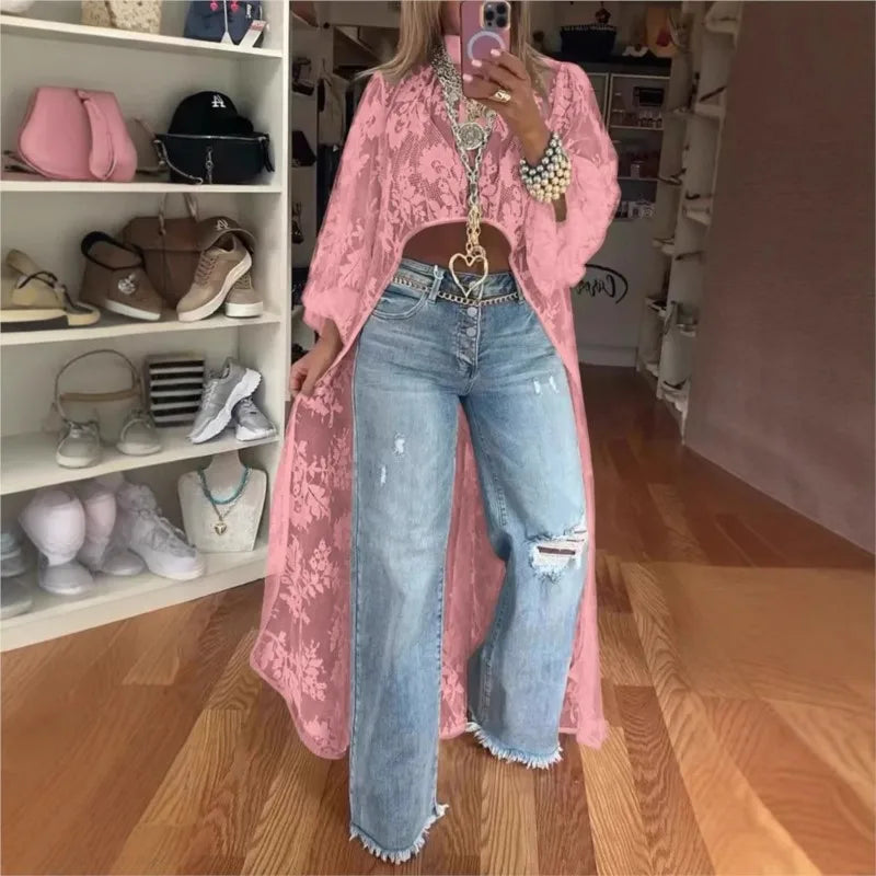 Vireous Lace Floral Extra-Long Shirt Top, High Neck Overwear