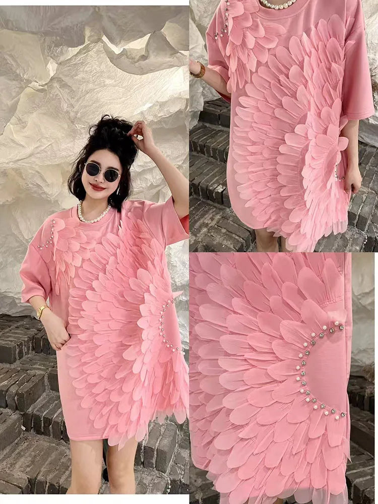 Loose Summer Glam Feather Short-Sleeve Women's Short Dress