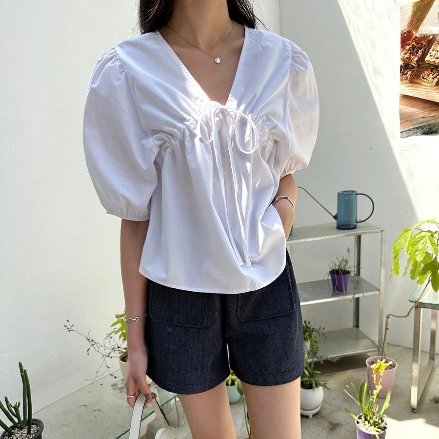 Puff Sleeve Women's Businesswear Casual Lace-Up Shirt