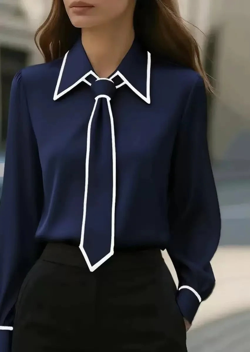 Vireous Women's Fashion Tie and Lapel Contrast-Colour Business Shirt