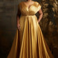 Plus-Size Formal Evening Gold Satin Dress, Elegant Tiered Bodice