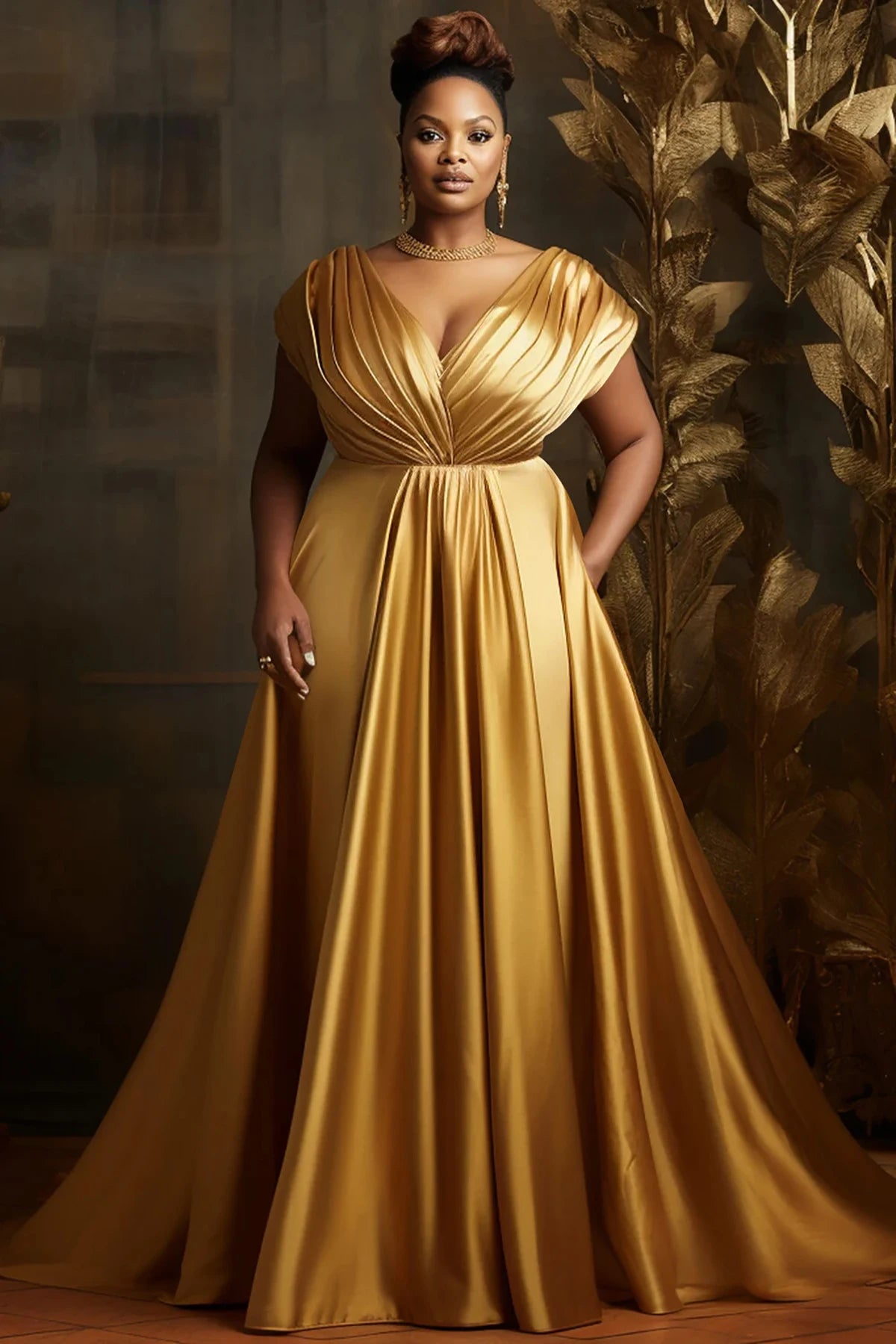 Plus-Size Formal Evening Gold Satin Dress, Elegant Tiered Bodice