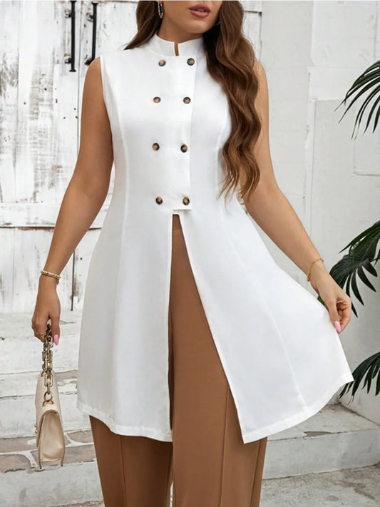 Women's Stand Collar Extra-Long White Tunic Top