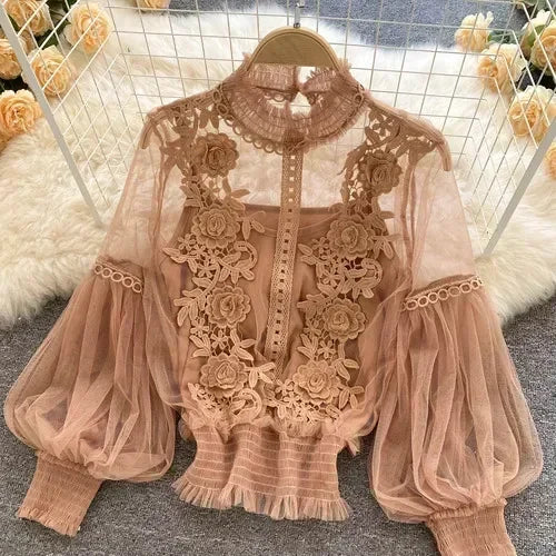 Lace See-Through Puff-Sleeve Vintage Fashion Blouse