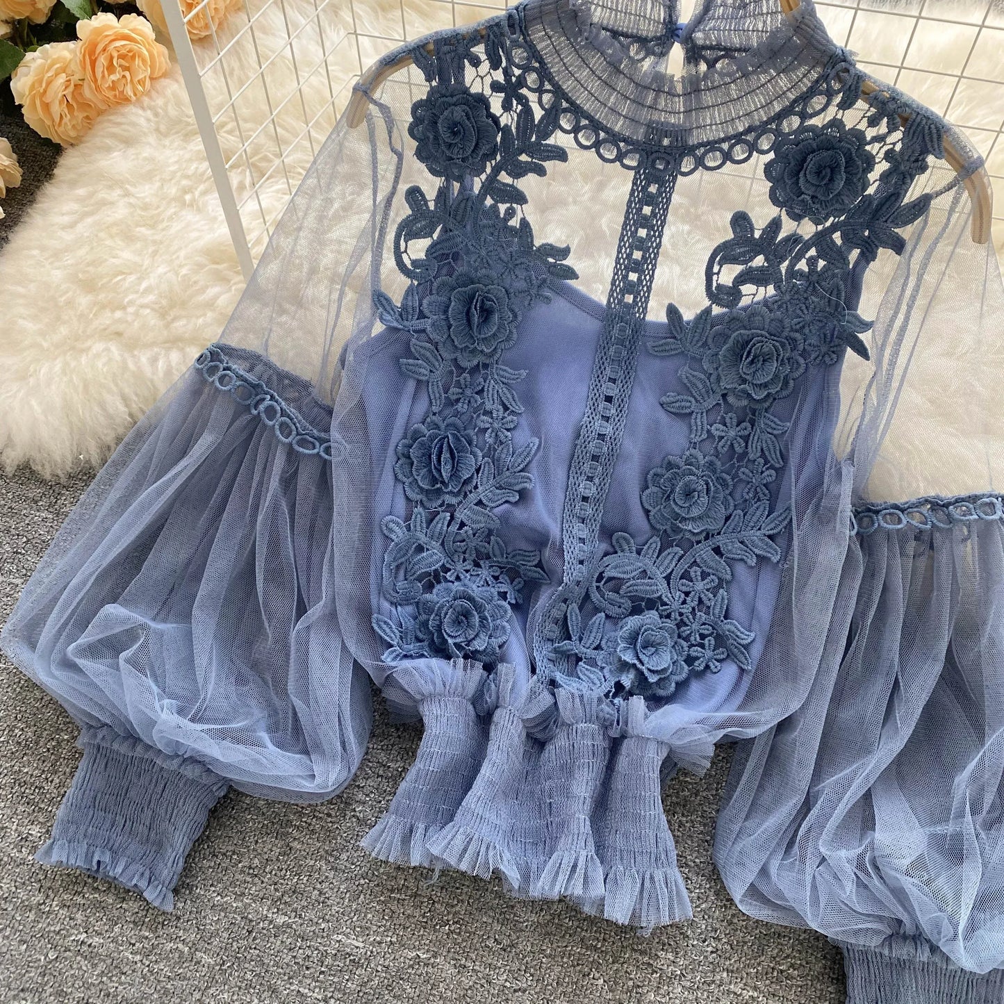 Lace See-Through Puff-Sleeve Vintage Fashion Blouse