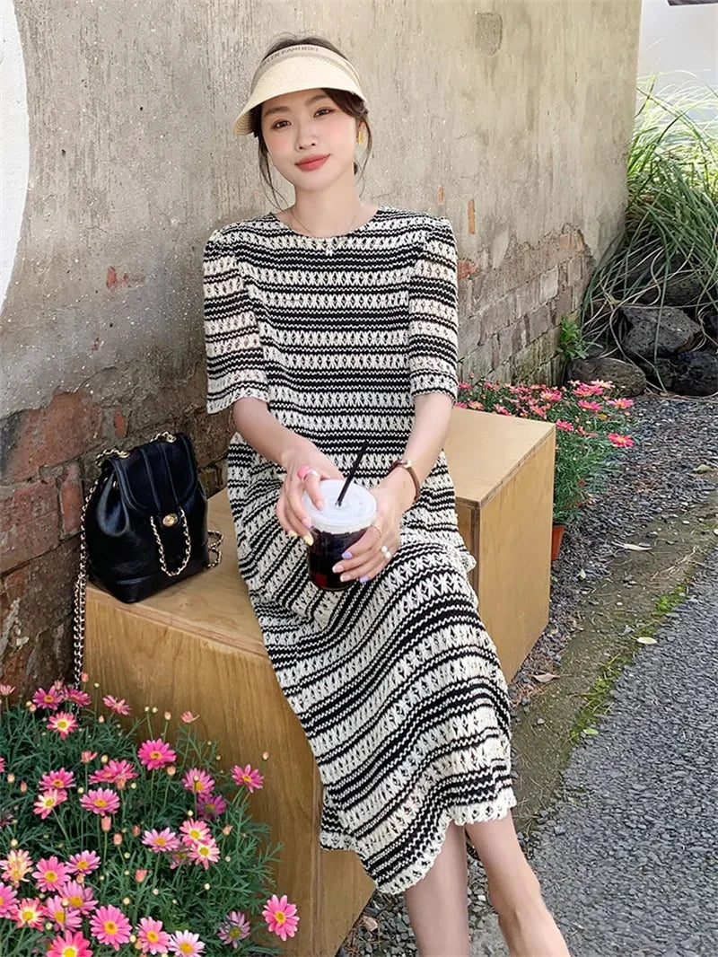 Vireous French-Style Striped Knitted Loose Dress