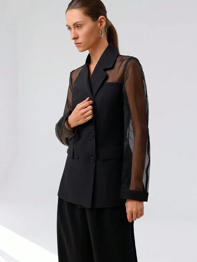 Vireous Women's Black Blazer Translucent Sleeves, Catwalk Collection