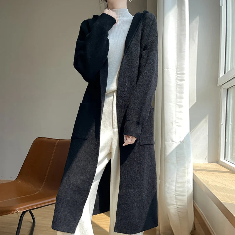 Vireous Lazy-Style Thickened Wool Knit Long Cardigan Coat