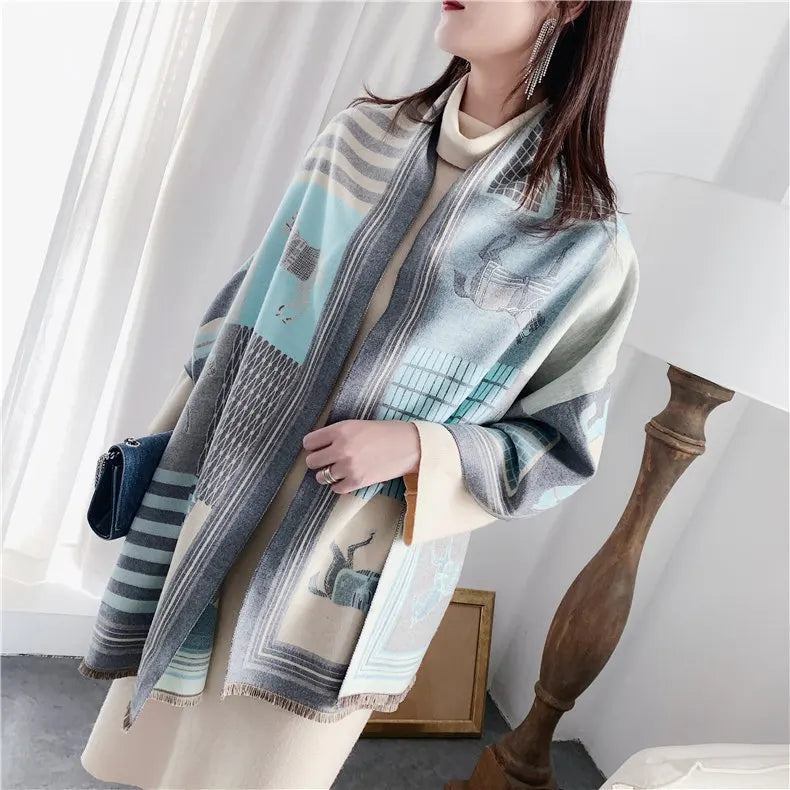 Extra-Large Cashmere Scarf, Equestrian-Print Blanket Wrap, Pashmina