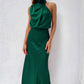 Vireous Summer Silk Satin Sleeveless Long Dress, Draped Bodice