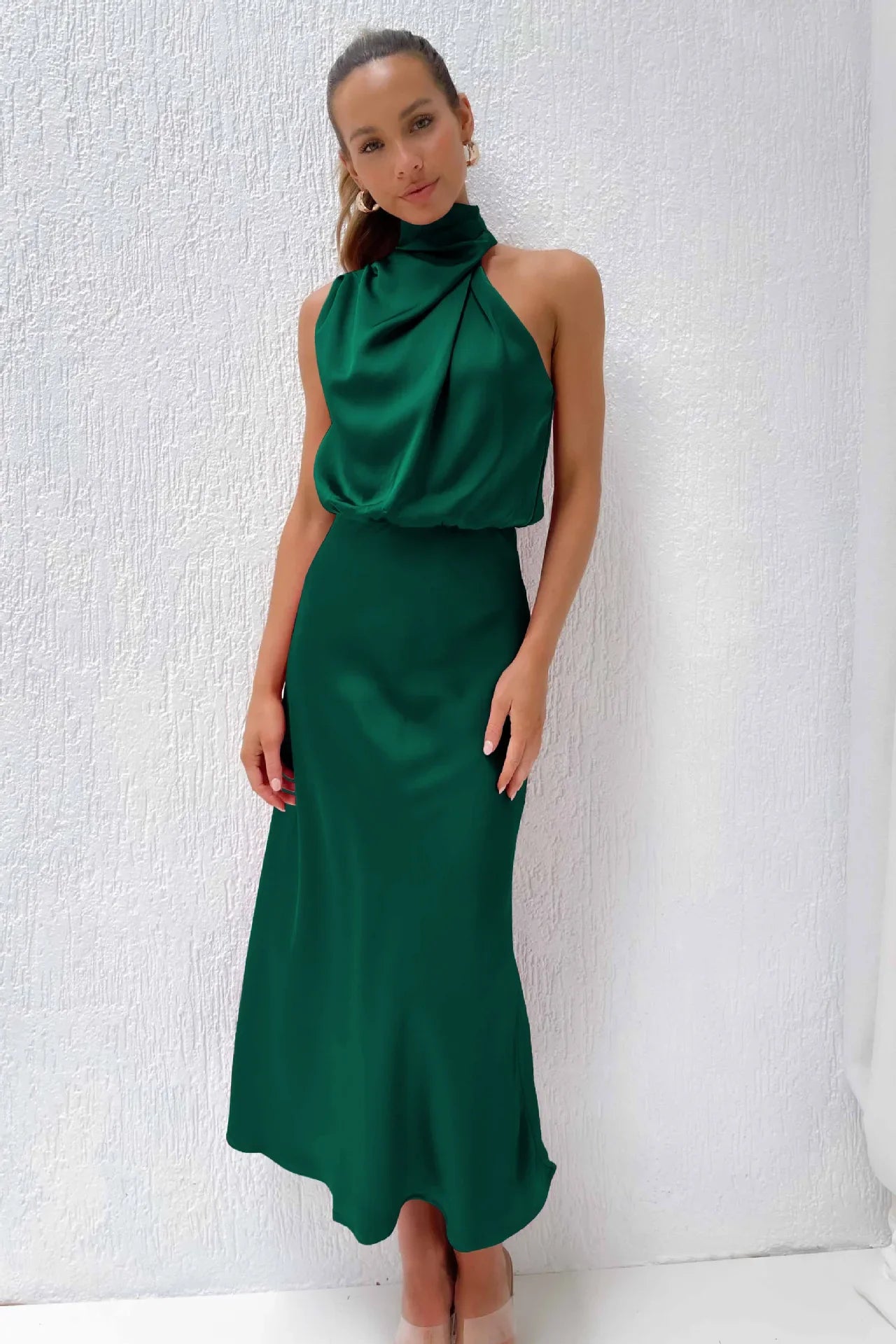 Vireous Summer Silk Satin Sleeveless Long Dress, Draped Bodice