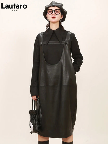 Black Faux-Leather Midi Dress, Avant Garde Loose Strap Dress, Plus Sizes