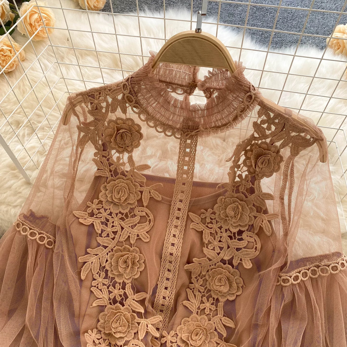 Lace See-Through Puff-Sleeve Vintage Fashion Blouse
