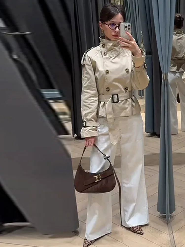 Vireous Women's Short Jacket Belted Trench Coat