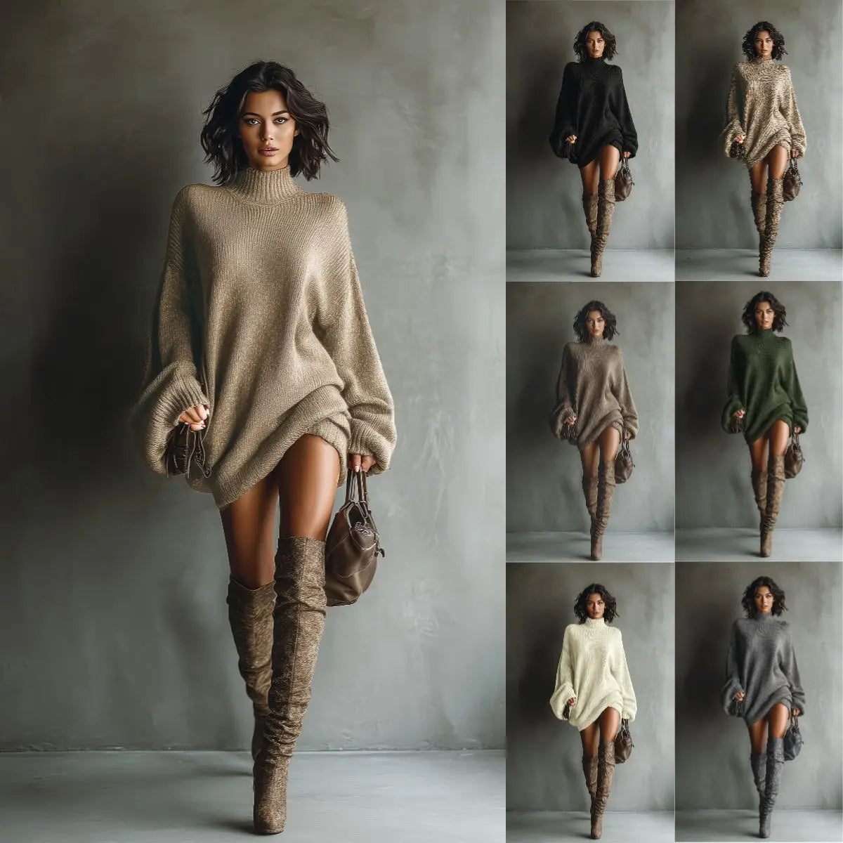 Vireous Round-Neck Loose Knitted Sweater Mini Dress