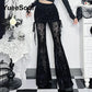 Goth Women's Flared Pants with Black Lace, Embroidery, Multi Designs