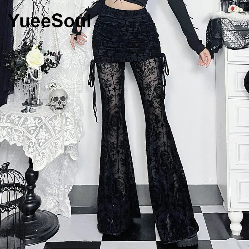 Goth Women's Flared Pants with Black Lace, Embroidery, Multi Designs