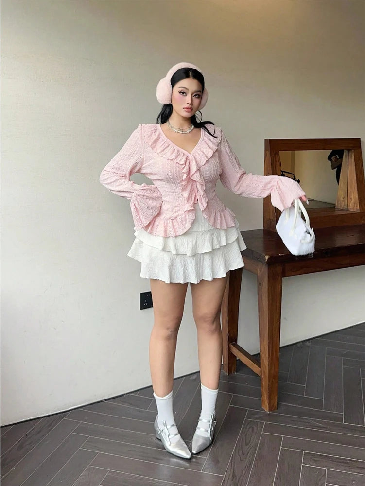 Vireous Elegant French Ruffle Flared-Sleeve Blouse, Plus Sizes