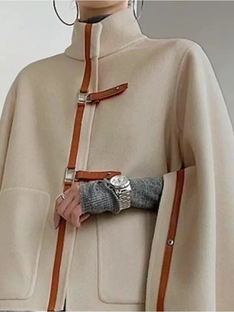 Vireous Cape Jacket Cap-Sleeves Urban Wear with Leather Buckles