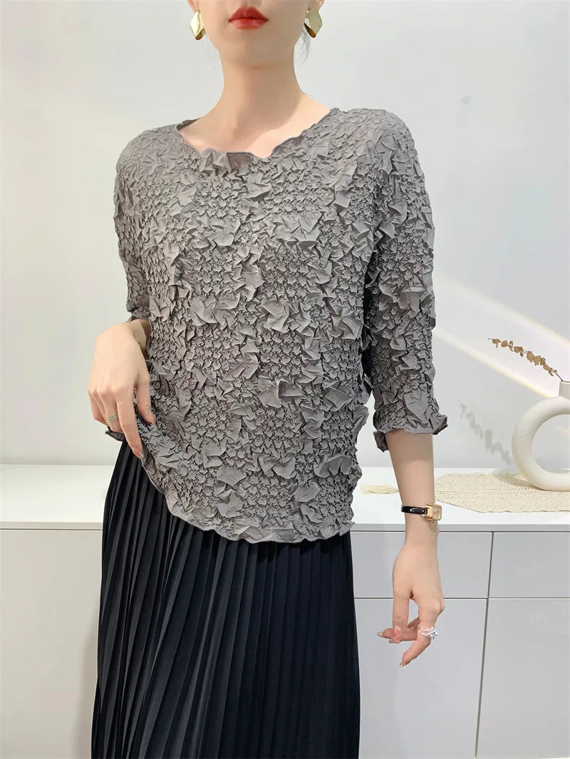 Miyake Embroidered Hand-Pleated Women's Round-Neck Top