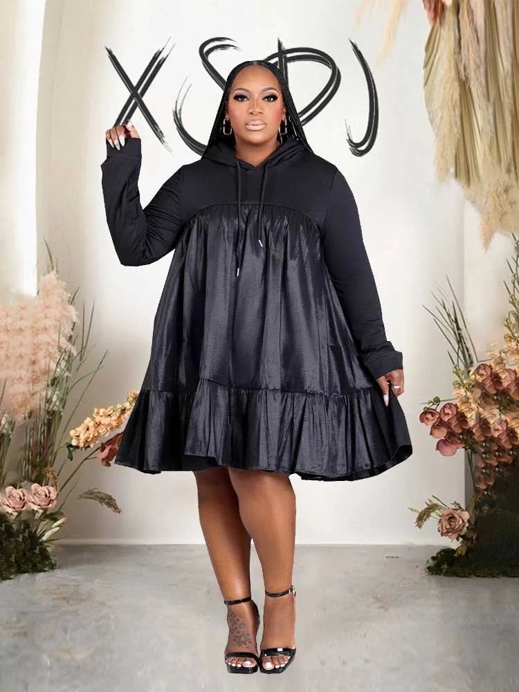 Plus-Size Preppy Hooded Casual Loose-Waist Dress