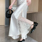 Vireous Satin Women's Long Skirt, Side Lace Patchwork