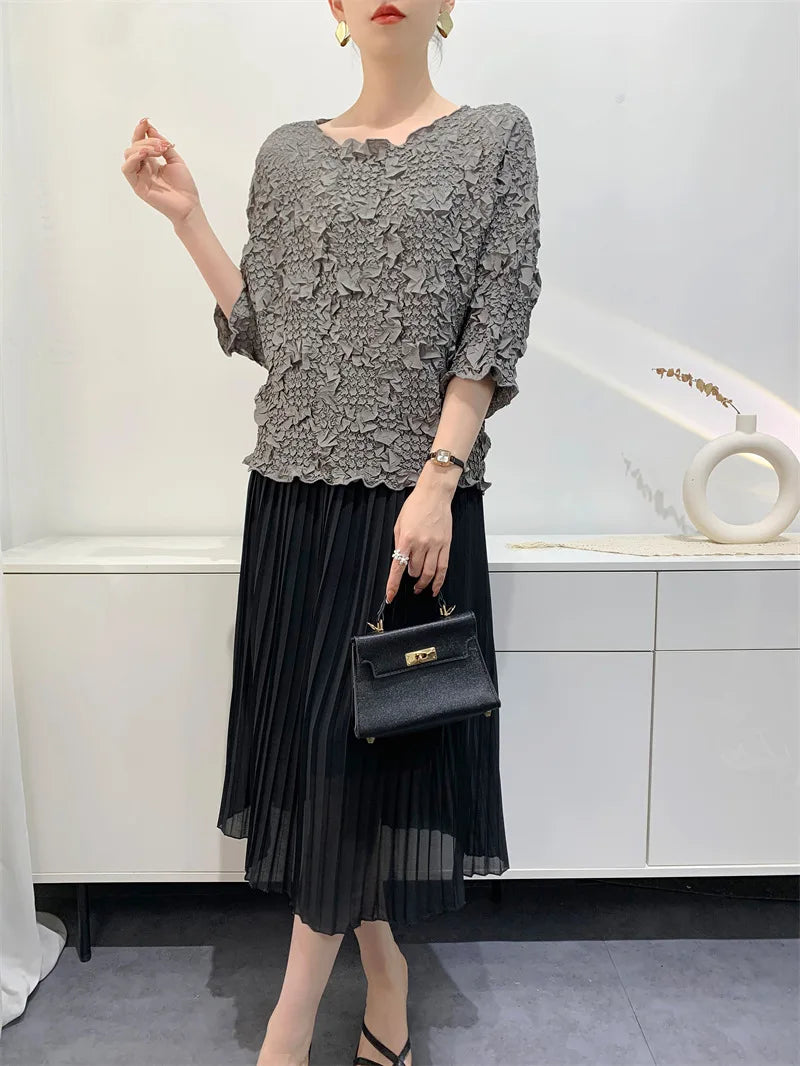 Miyake Embroidered Hand-Pleated Women's Round-Neck Top