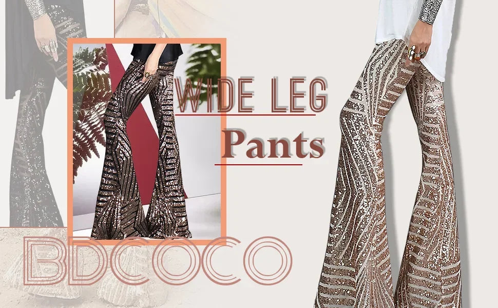 Vireous Women's Sparkling Sequin Slacks, Loose Mid-Waist Trousers