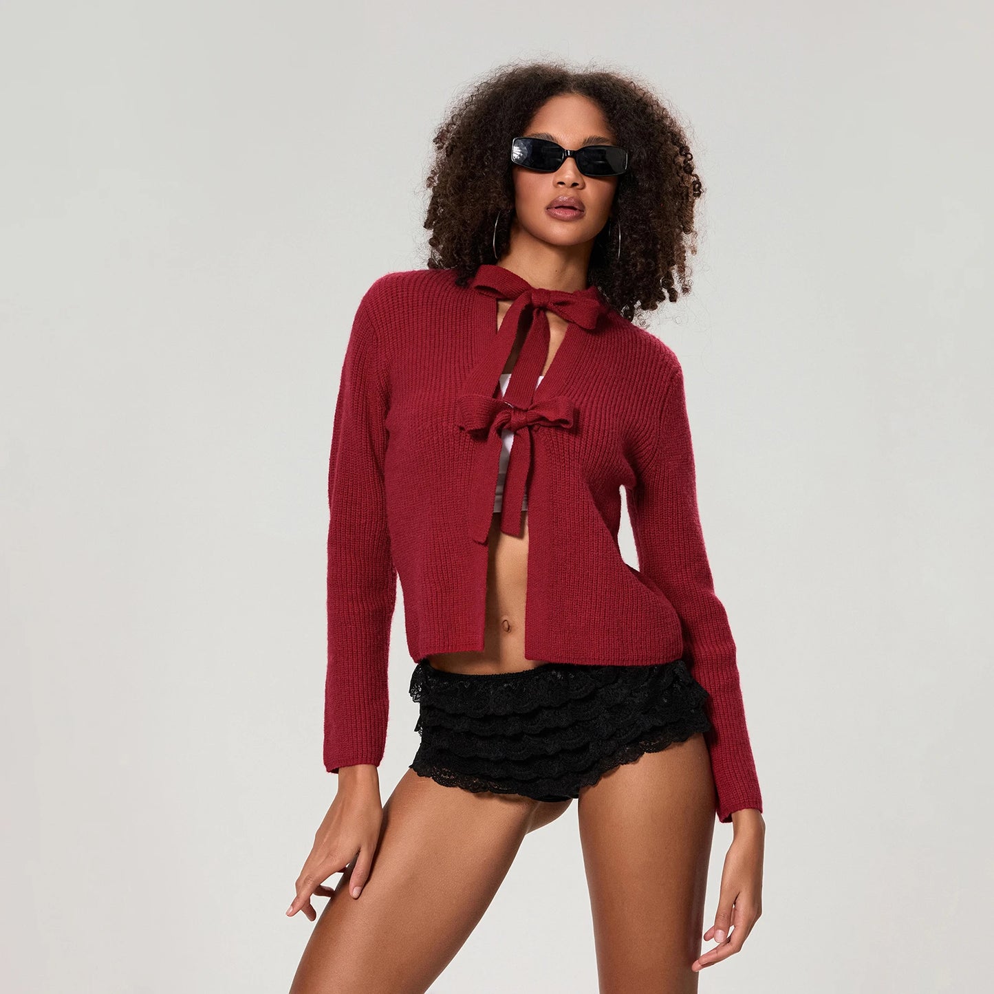 Bow Tied Front Knitted Women's Cardigan, Multi Colours