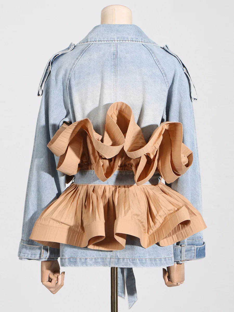 Women's Comfort Stone-Washed Denim Jacket with Bold Ruffles, Catwalk Collection