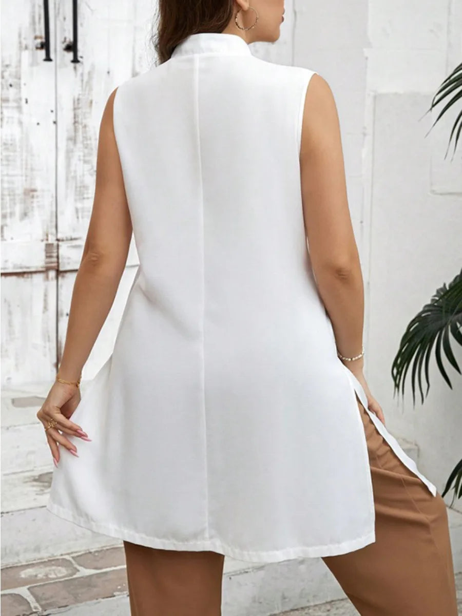 Women's Stand Collar Extra-Long White Tunic Top