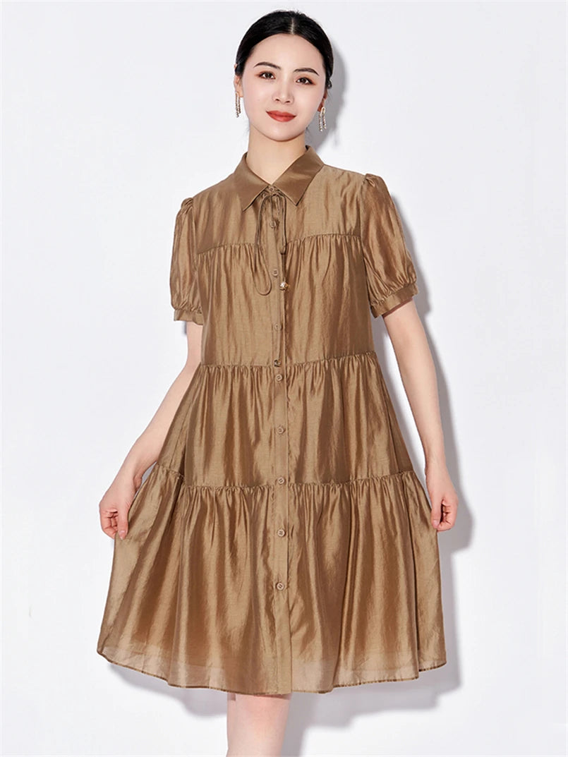 Vireous Elegant Chic Ruffle Turn-Down Collar Dress, Plus Sizes