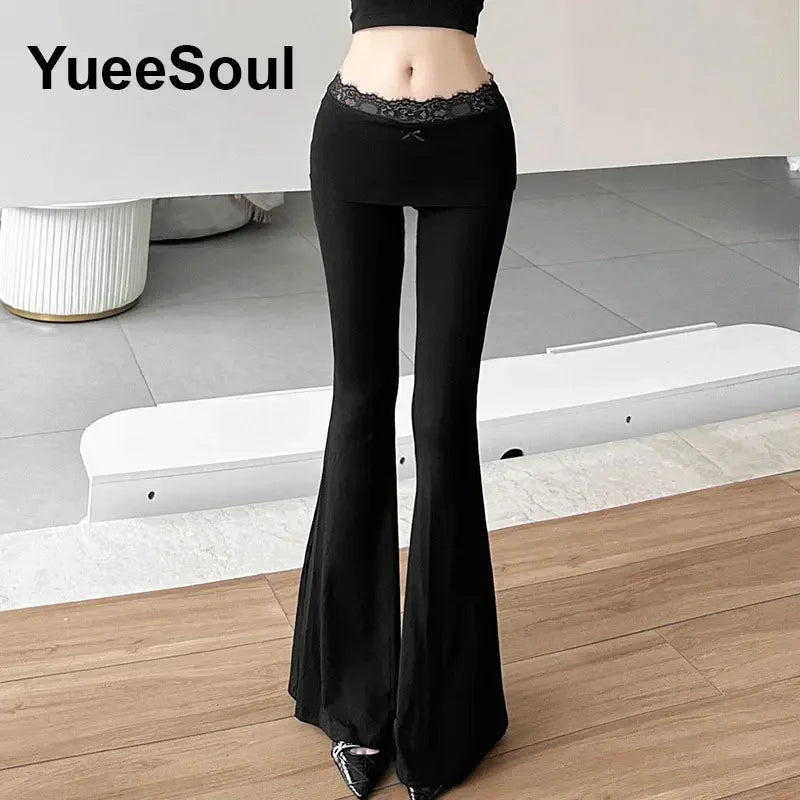 Goth Women's Flared Pants with Black Lace, Embroidery, Multi Designs