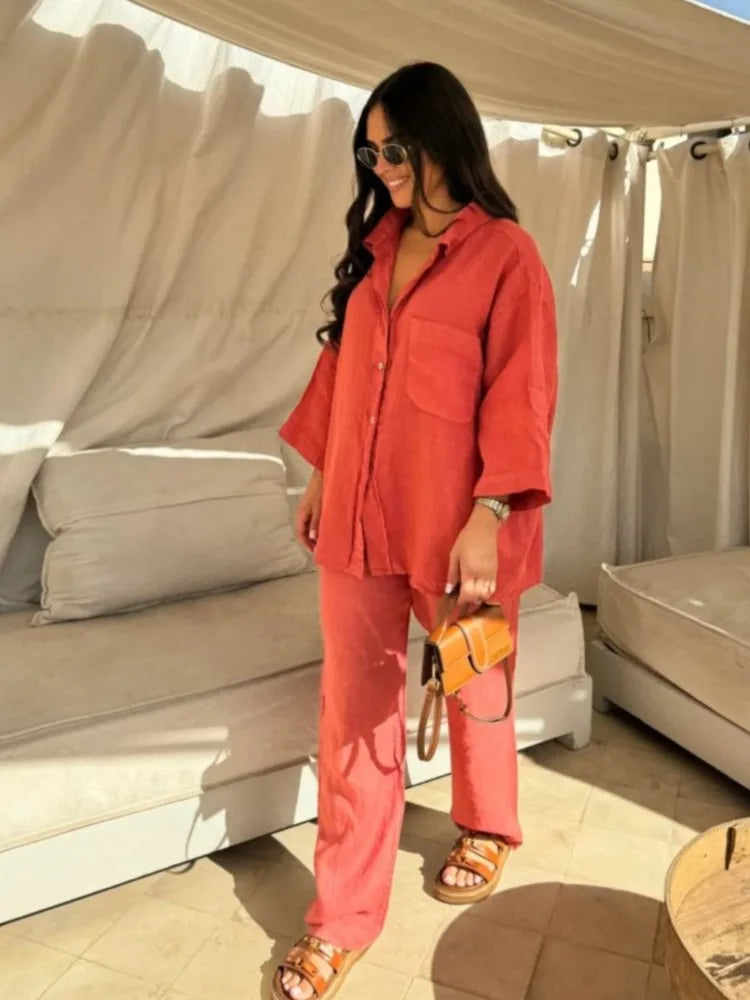 Simple Cotton Linen Women's Summer Pants Suit, Multi Colours