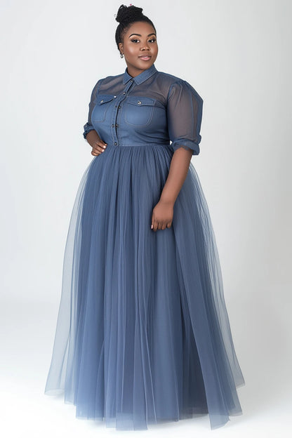 Plus-Size Semi-Formal Soft Tulle Maxi Dress in French Blue