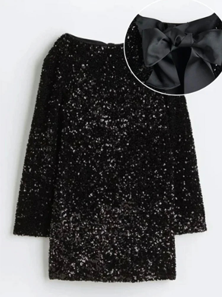Glittering Sequined Bow-Back Long-Sleeve Special Occasion Dress