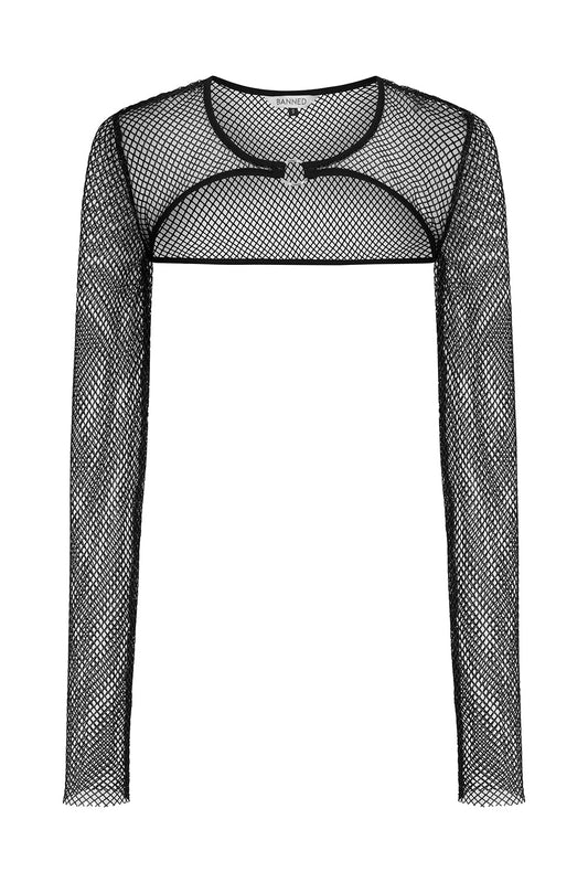 Banned Apparel Venus Metallic Fishnet Bolero Top in Blue Black
